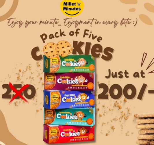 Promotional image of a pack of five cookies with branding and pricing information on a beige background.